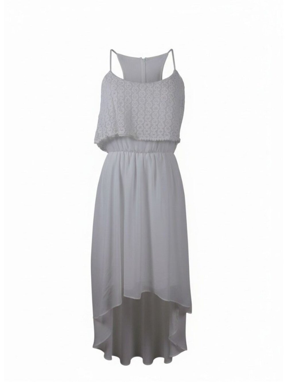 White High-Low Dress With Crochet Lace Top & Spaghetti Straps Size 4 By Bisou Bi